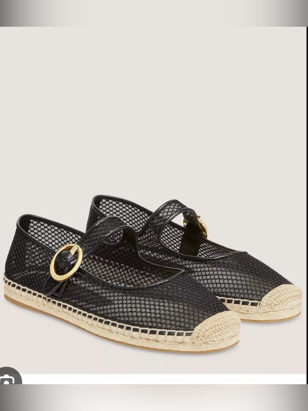 Stuart Weitzman Benni Black Mesh Espadrille Mary Jane Flats with Gold Buckle
